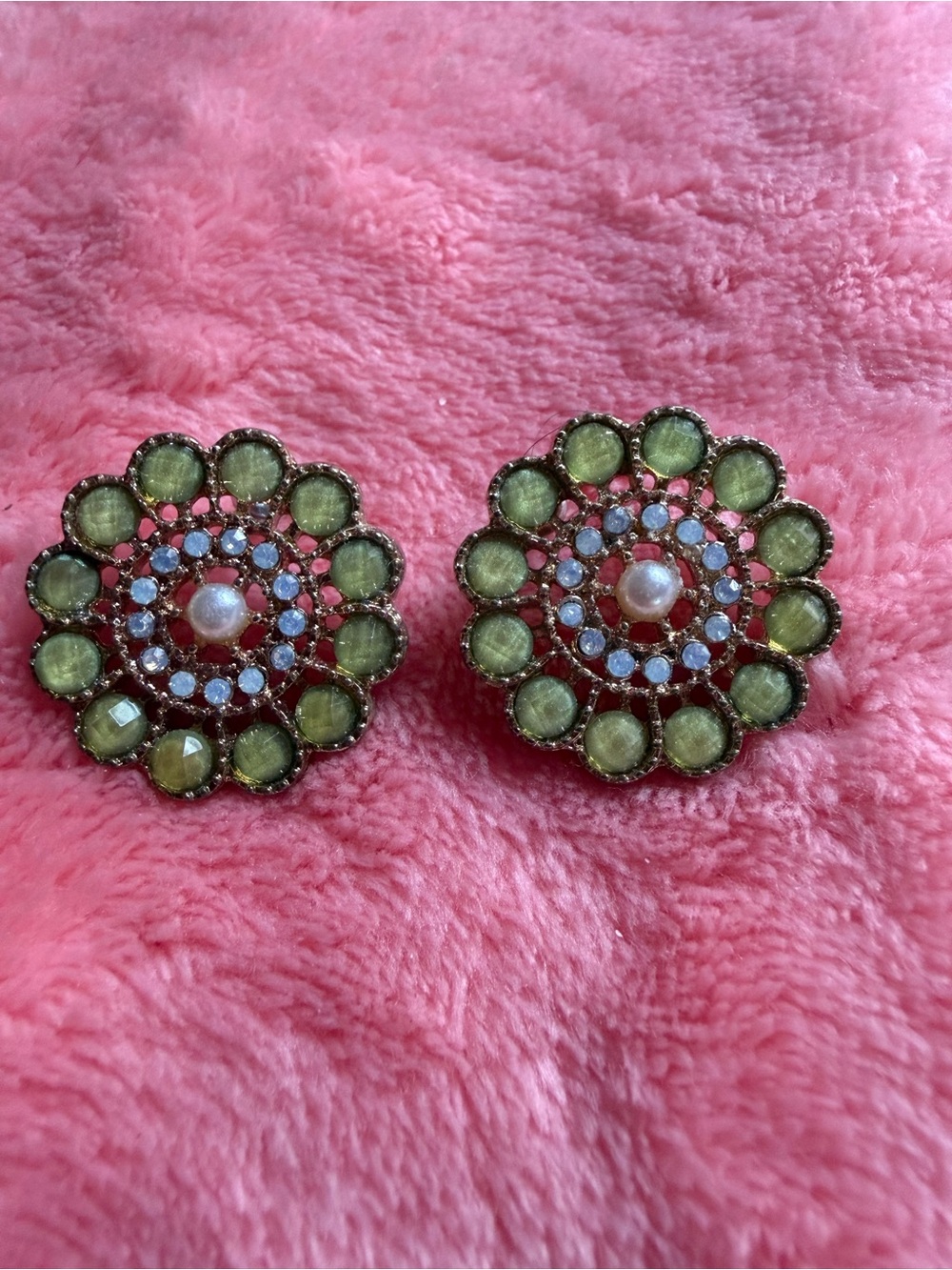 Green Floral Crystal Button Earrings - Unbranded